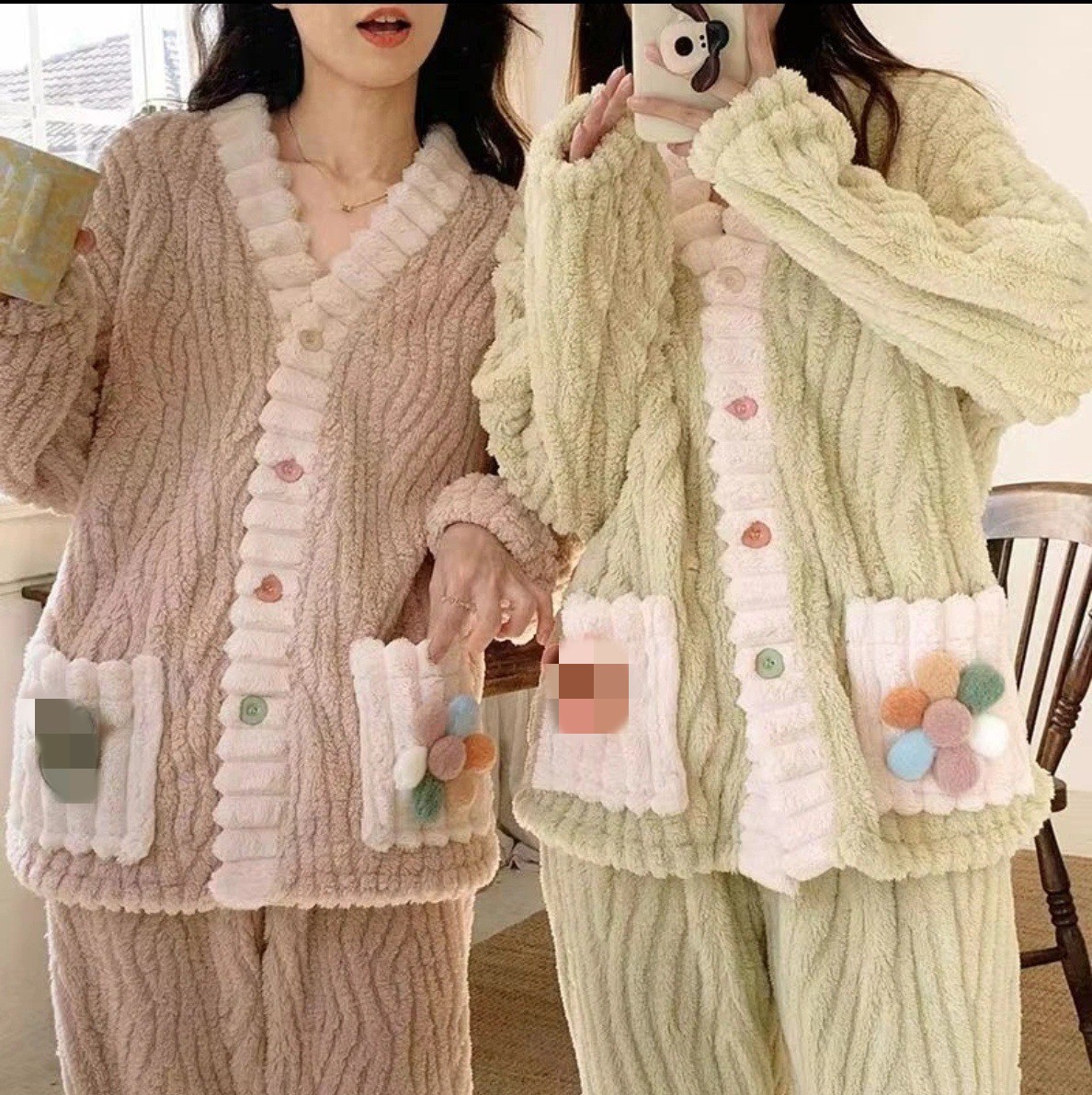 Autumn and winter coral fleece pajamas, women's flannel thickened long-sleeved home wear, peach soft cotton fleece fashionable large-sized suit Specification image