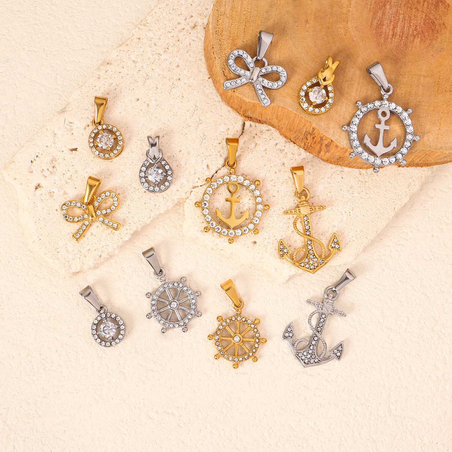 跨境新款简约不锈钢单吊坠蝴蝶结船舵船锚个性项链配饰挂件批发详情1