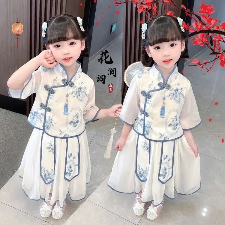 National Trend - Girls' Ancient-style Hanfu Set, Summer Chinese style Little Girls' ancient-style children's blue and White Porcelain Tang Suit Performance costume, flowers Item Picture