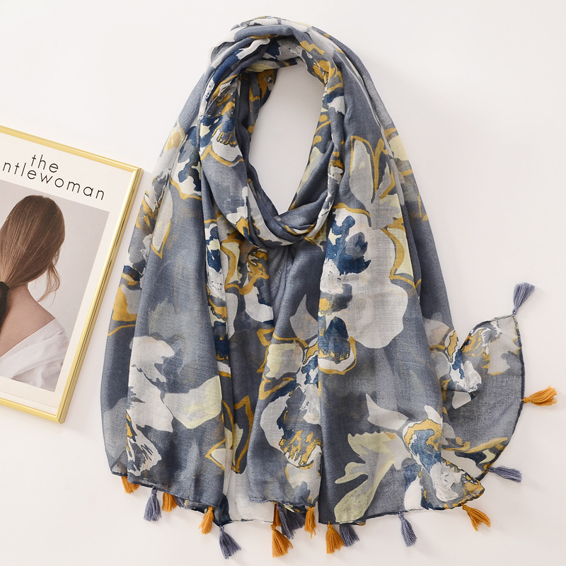 Fresh Soft Cotton Linen Silk Scarf Butterfly Flower Print Air-Conditioned Room Shawl Travel Decoration Sunblock Beach Towel Specification drawing