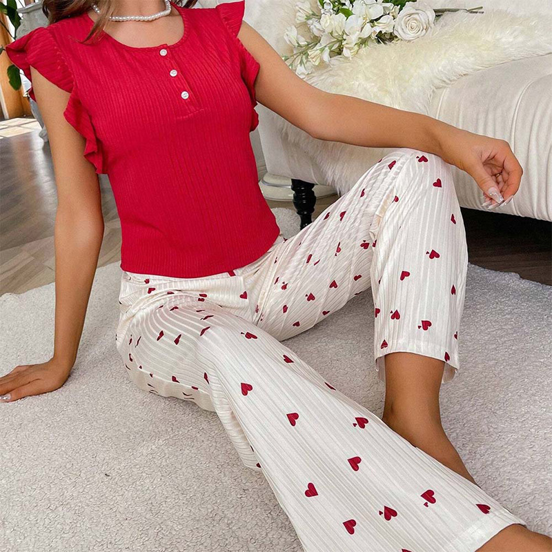 YANNI cross-border foreign trade women's home wear, heart-shaped printed long pants, ruffled casual fringes, can be worn outside. European and American pajamas, wholesale in the Middle East and South America