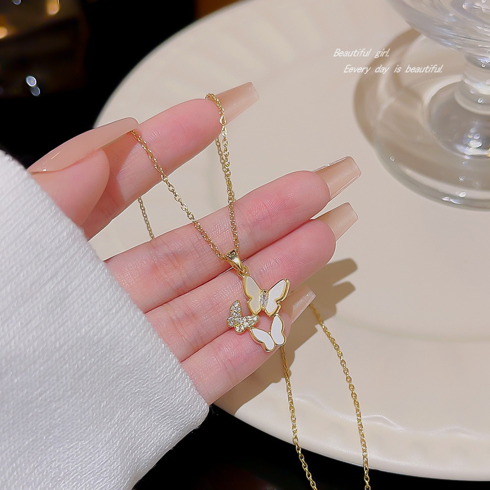 Sweet Butterfly Necklace Female Full Diamond Gentle Pendant Explosive Jewelry Niche High-Grade Light Luxe Titanium Steel Clavicle Chain