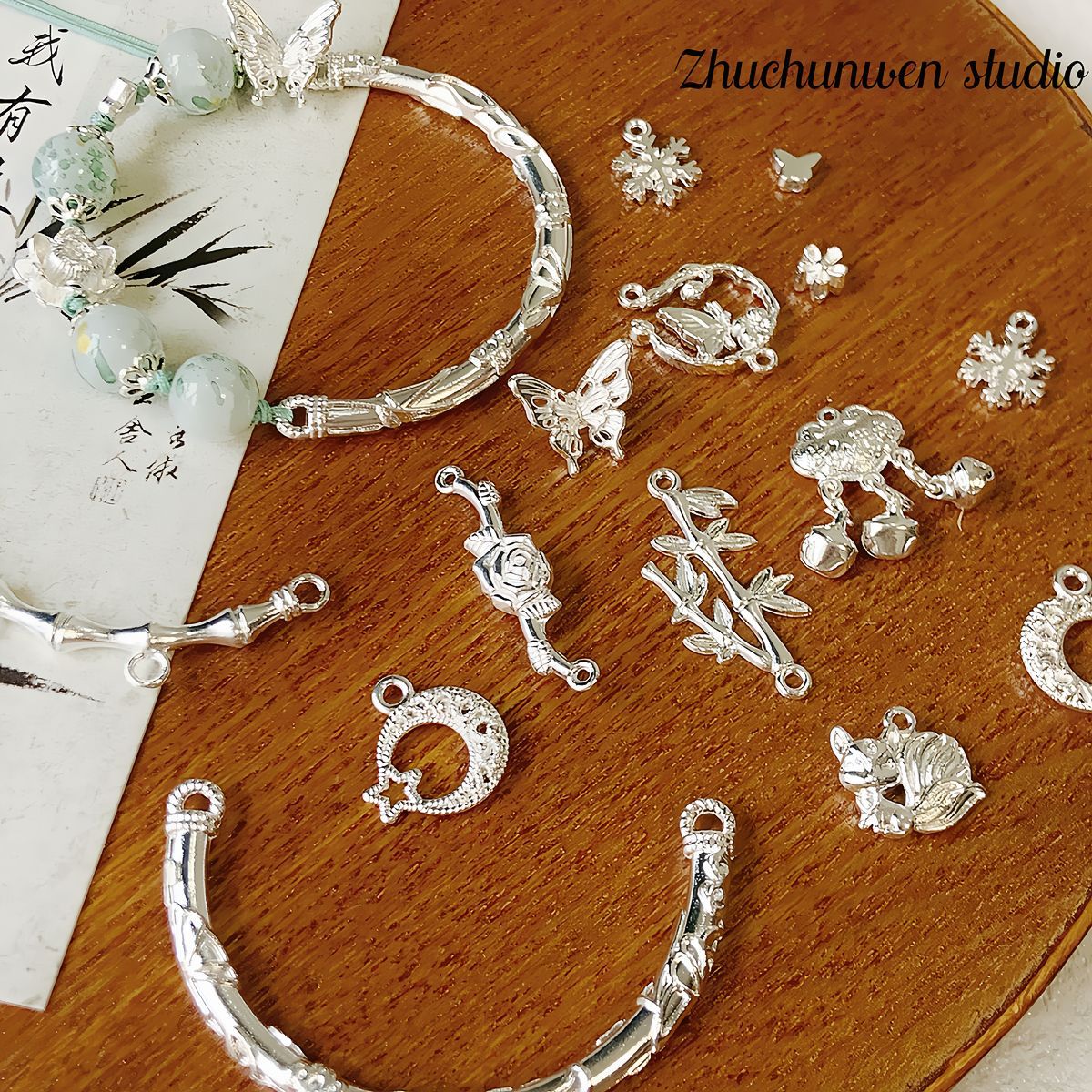 【 Flower Bracelet 】 New Chinese-style plain silver alloy "Fu" character pendant diy beaded and interlaced bracelet material bamboo joint curved tube