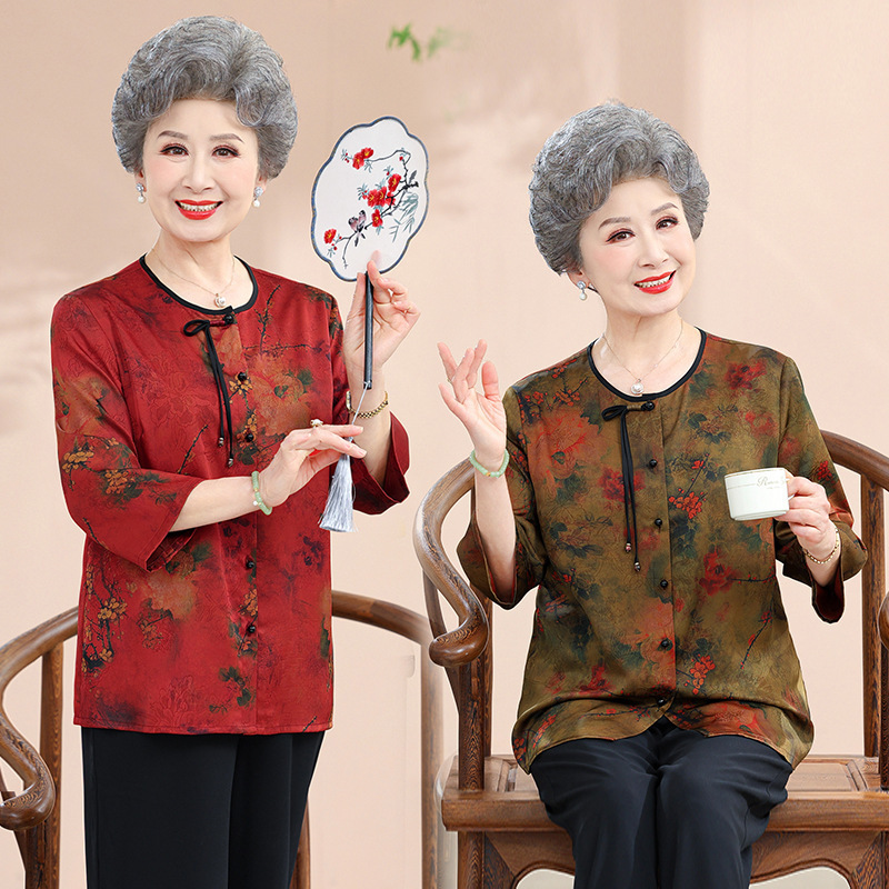 中老年女装夏季新款圆领2024复古气质优雅彩绘奶奶装时尚休闲衬衣
