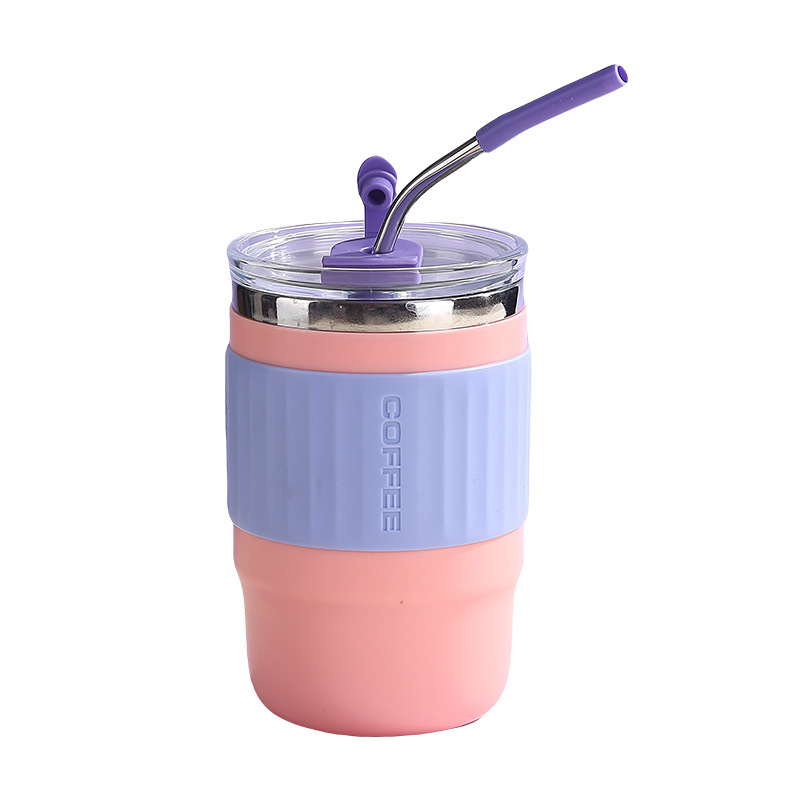 New simple silicone anti-scald stainless steel insulated cup with built-in straw drinking cup, ins style insulated lock cold water cup Item Picture