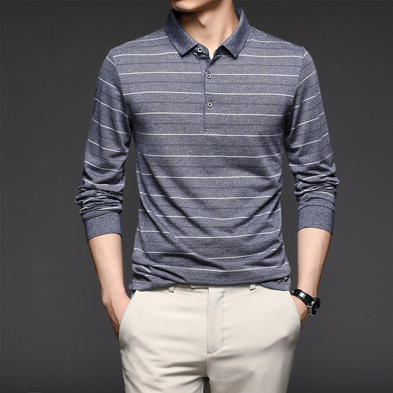 New men's POLO shirts for autumn casual wear, long-sleeved shirts for middle-aged and young men, lapel striped base layer, one-piece delivery details Picture