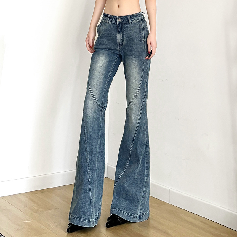 Street trend low-waist structured split washbasin flared jeans with women's pocket design, slimming and figure-hugging floor-length pants details Picture