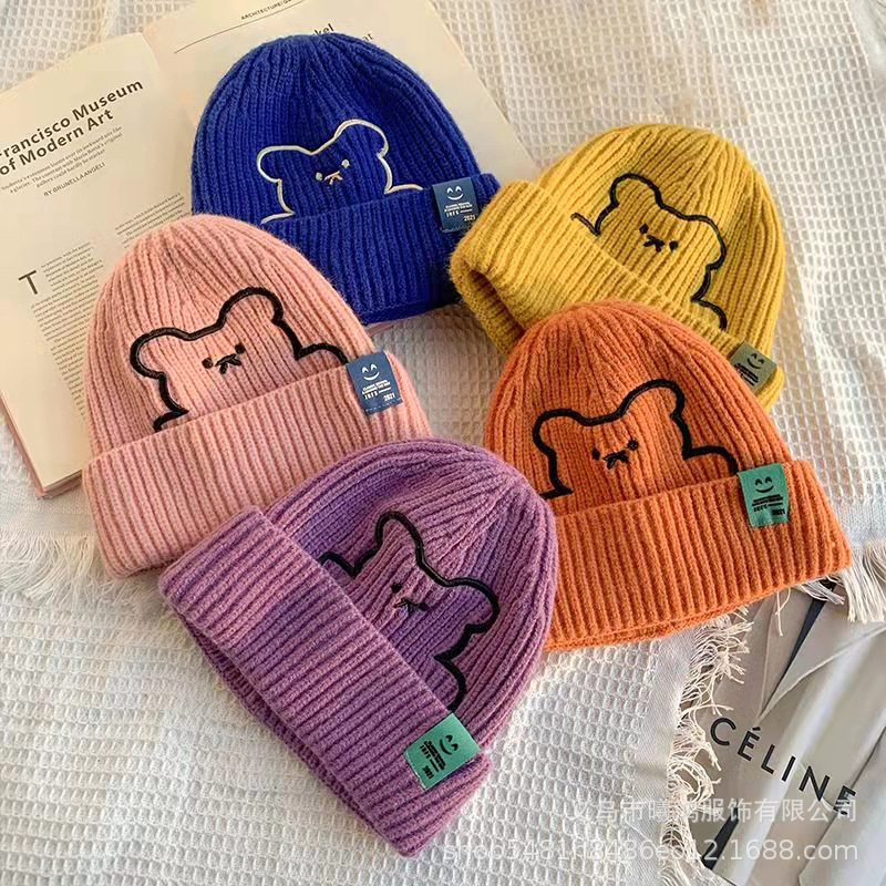 Autumn And Winter New Women's Warm Knit Hat Female Network Red Bear Embroidery Fashion Cycling Windproof Thickened Woolen Hat details Picture