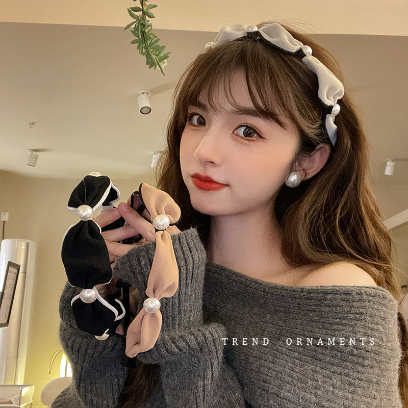 Retro French Style Hair Accessories Headband Women's Summer Net Red Headband Simple Face Wash Wide Edge Broken Hair Pearl Headband