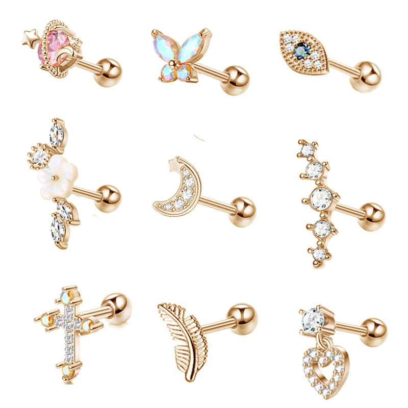 New cross-border best-selling stainless steel ear bone studs, 16G flower stud studs, twist ball zircon stud studs, European and American piercing accessories Item Picture