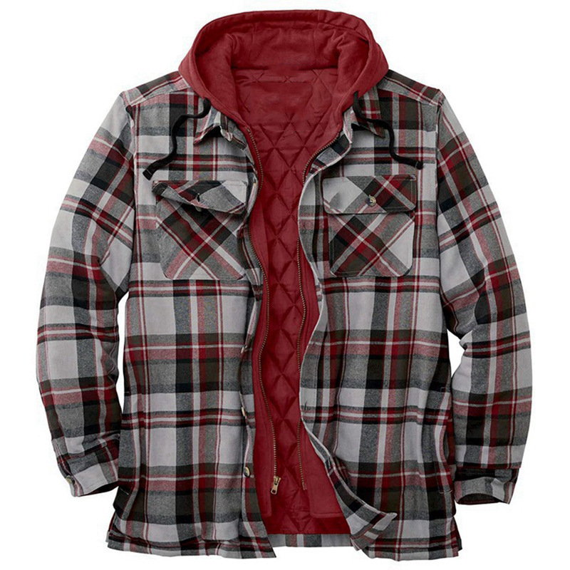 Foreign Trade New Men's Autumn And Winter Thickened Cotton-Padded Men Plaid Printed Loose Hooded Coat Jacket Sy0004 Item Picture