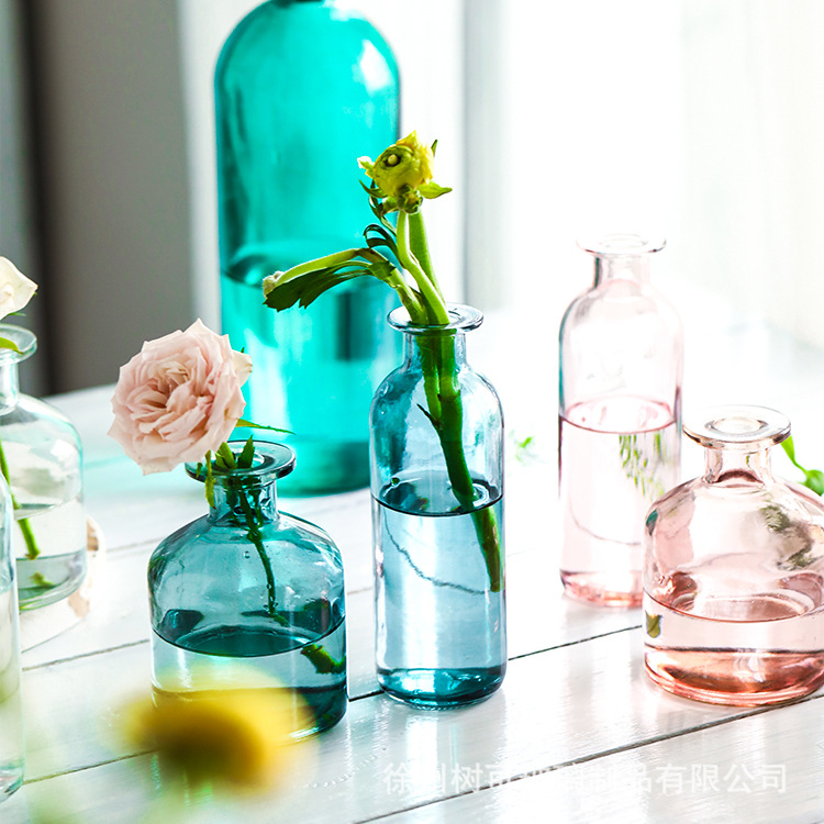 Wholesale of Nordic transparent glass vases, small-mouthed hydroponic fresh flower tables, dried flowers, colored flower arrangement vessels and decorative ornaments Specification image