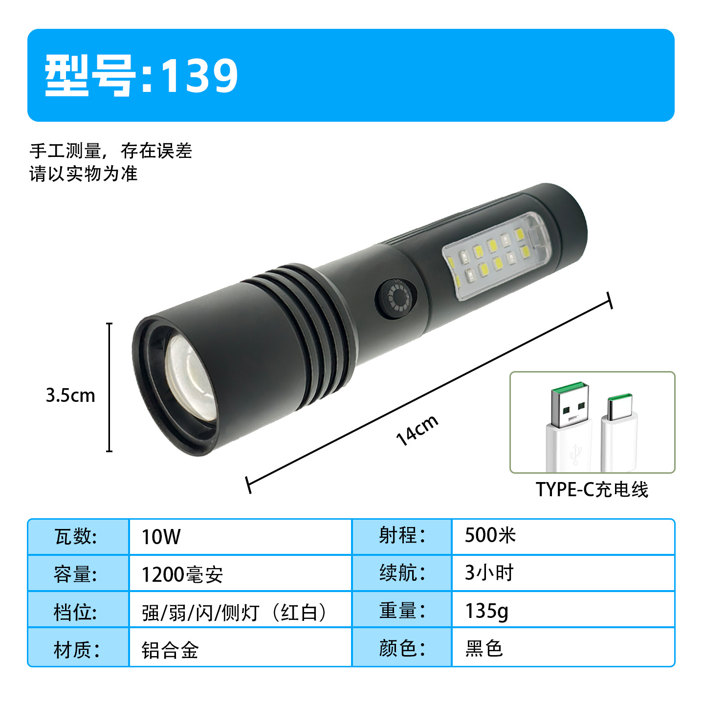 防水防爆手电筒强光爆亮长续航可充电超亮远射家用户外徒步巡逻用详情14