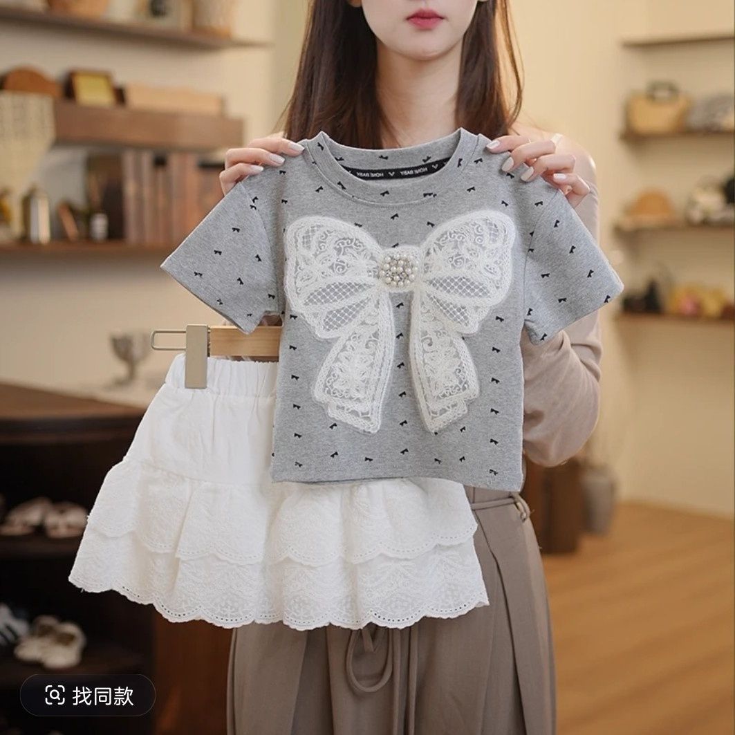 Korean children's summer 2025 new style stylish children's bow top sweet polka dot stylish T-shirt short-sleeved trendy Application Scenario