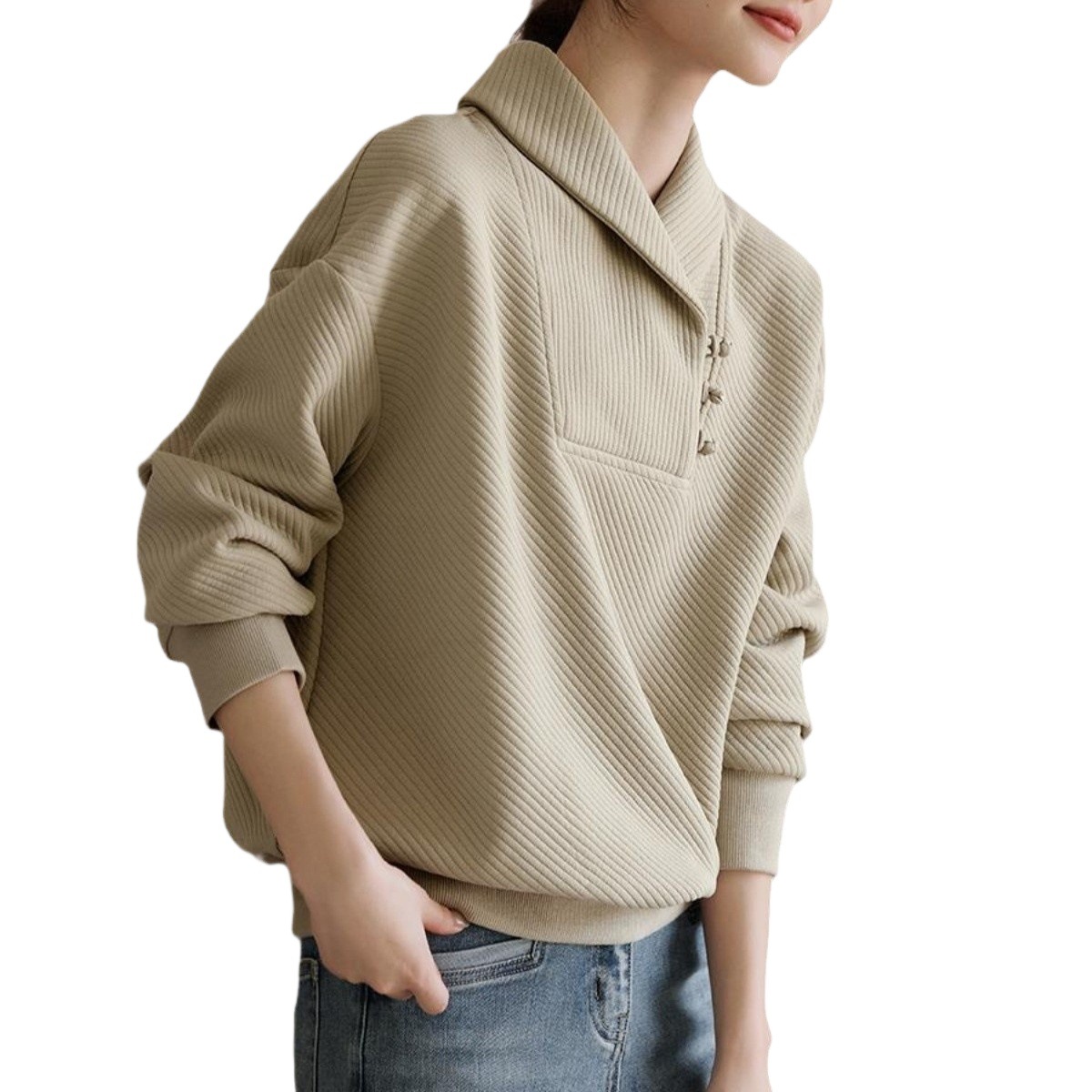 A stylish lapel, loose pullover, long-sleeved sweatshirt for women in winter 2024, a textured, casual, versatile and skin-friendly top Item Picture