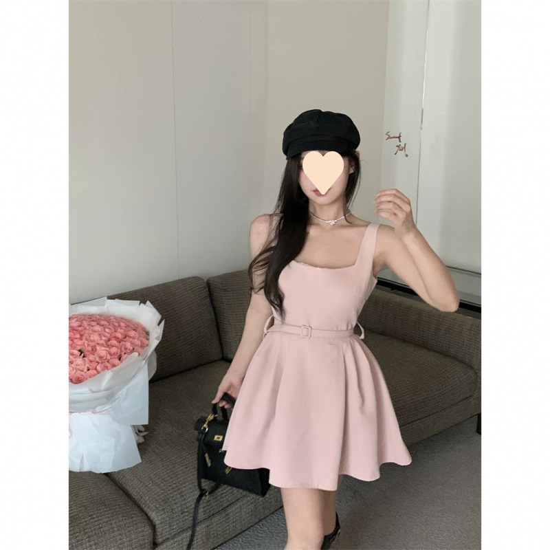 This is a new French solid color autumn dress with a cinched waist and slimming effect, featuring a noble lady style and a square-neck vest short skirt Application Scenario