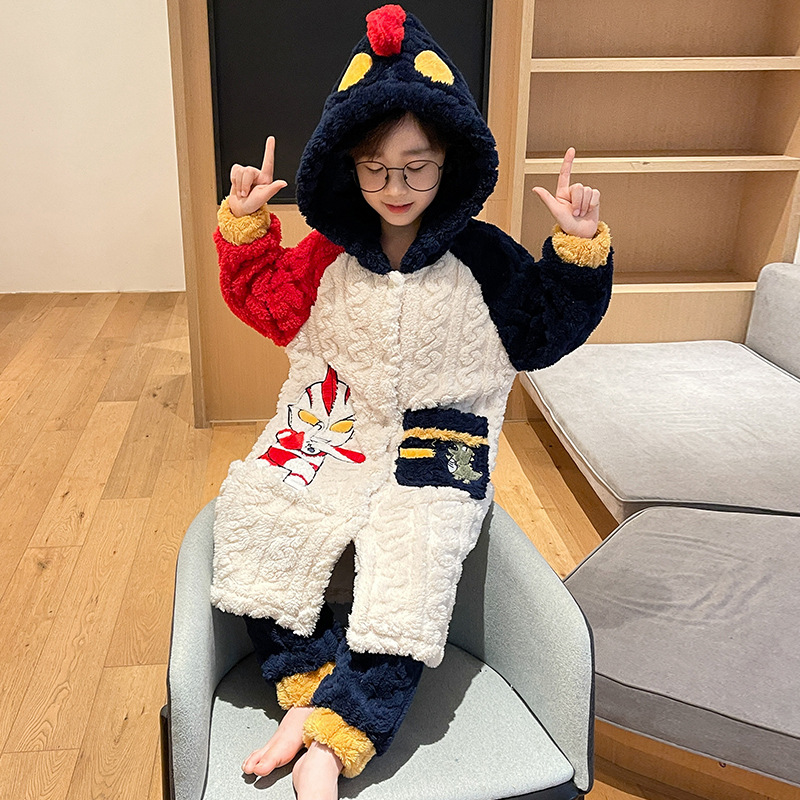 Children's Pyjamas Autumn/Winter Thick Warm Flannel Boy's Coral Velvet Set Large Boys' Home Wear details Picture