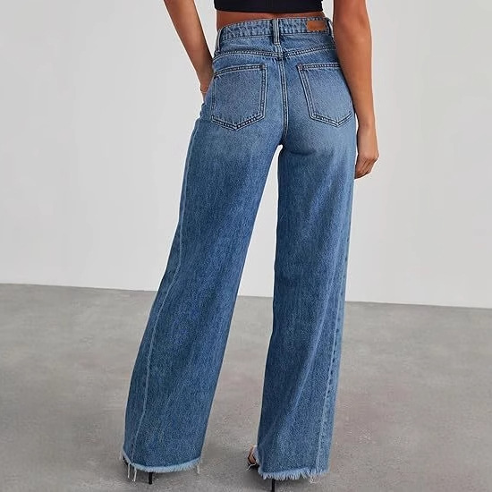 Retro blue women's wide-leg jeans, high-waisted, hip-hugging and slimming elastic denim pants, loose straight-leg denim pants details Picture