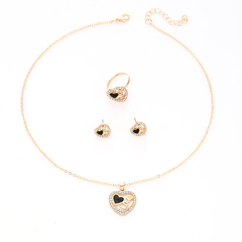 Europe And The United States Ins Love Jewelry Set Cross-Border Fashion Diamond-Inlaid Love Letter Heart Necklace Earrings Ring 3-Piece Set Item Picture