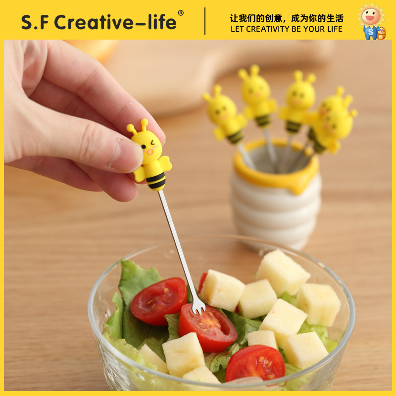 Horquillas de frutas sin bordar horquillas de frutas de acero al por mayor postres cerámica almacenamiento latas set inicio creativo horquillas de frutas silicona details Picture
