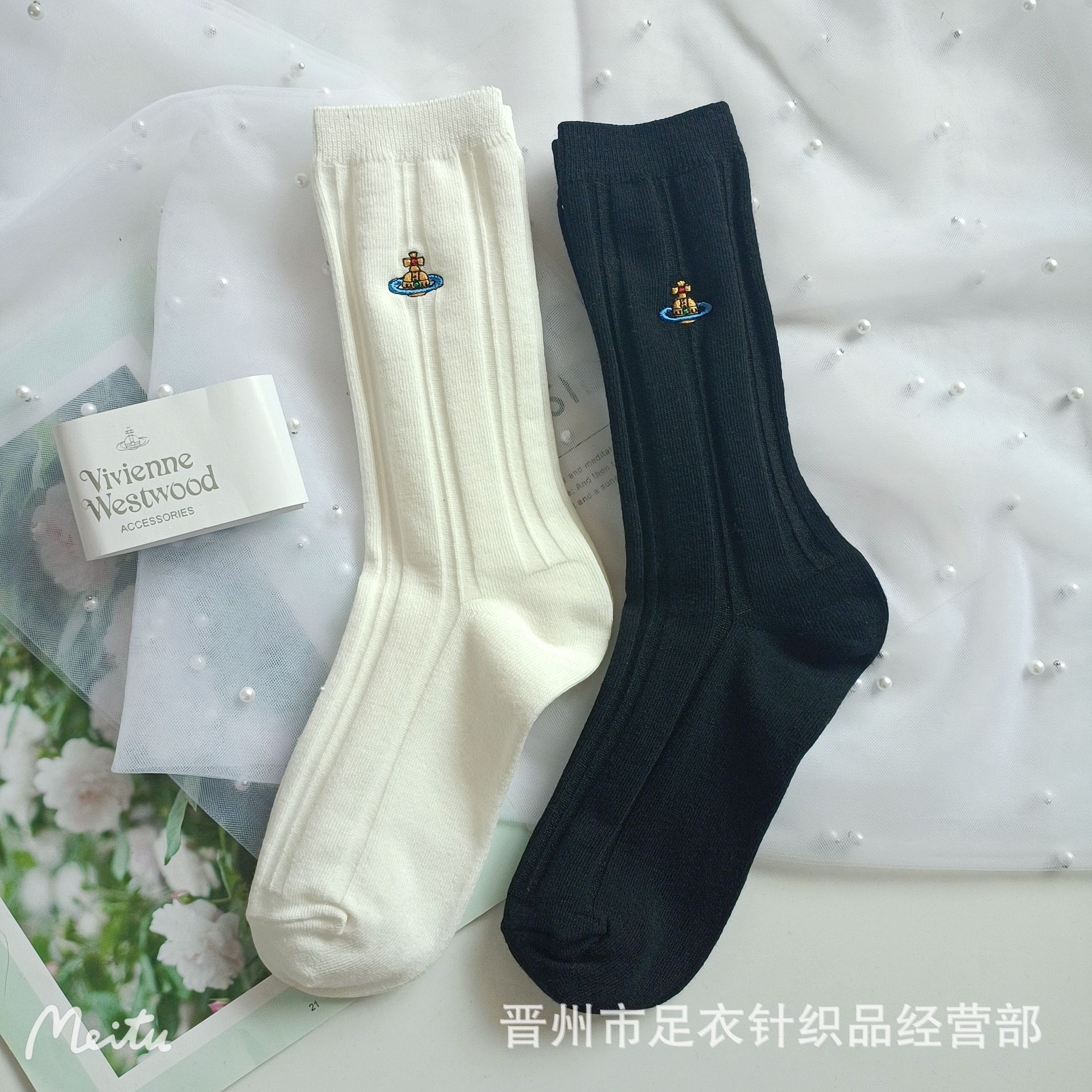 西太后袜子日系vivienne新款刺绣高筒女袜双针纯色女堆堆百搭袜子