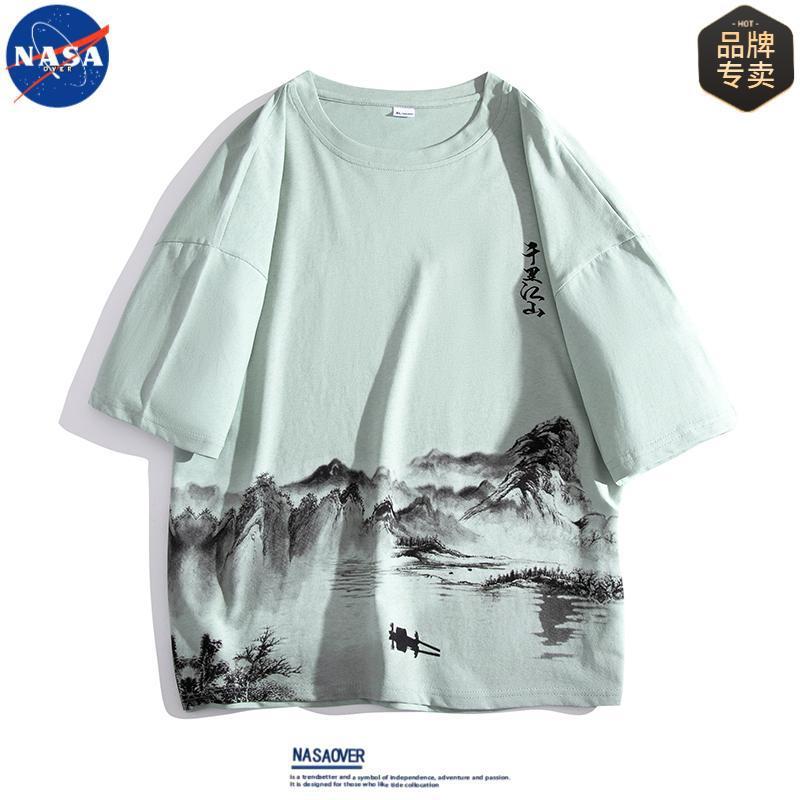 NASA brand pure cotton ink-wash printed landscape painting short-sleeved T-shirt for men, 2025 Summer new style, national trend loose half-sleeved Application Scenario