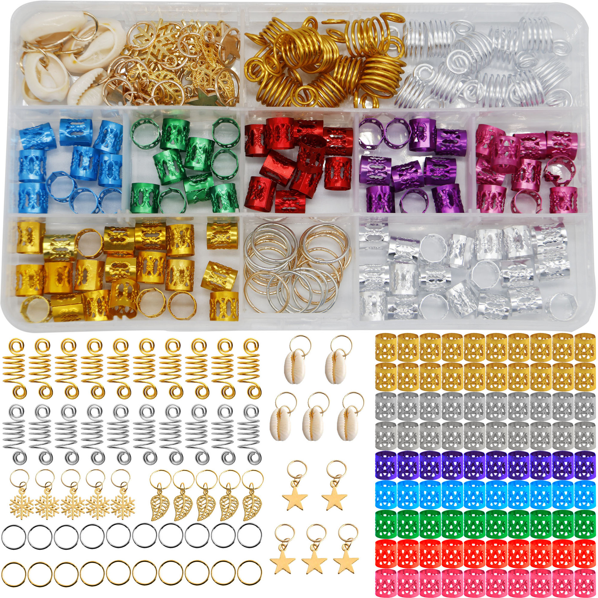 African wig accessories, gold and silver colored hair extensions, hair extension rings, shell five-star alloy pendants, spring combination set details Picture