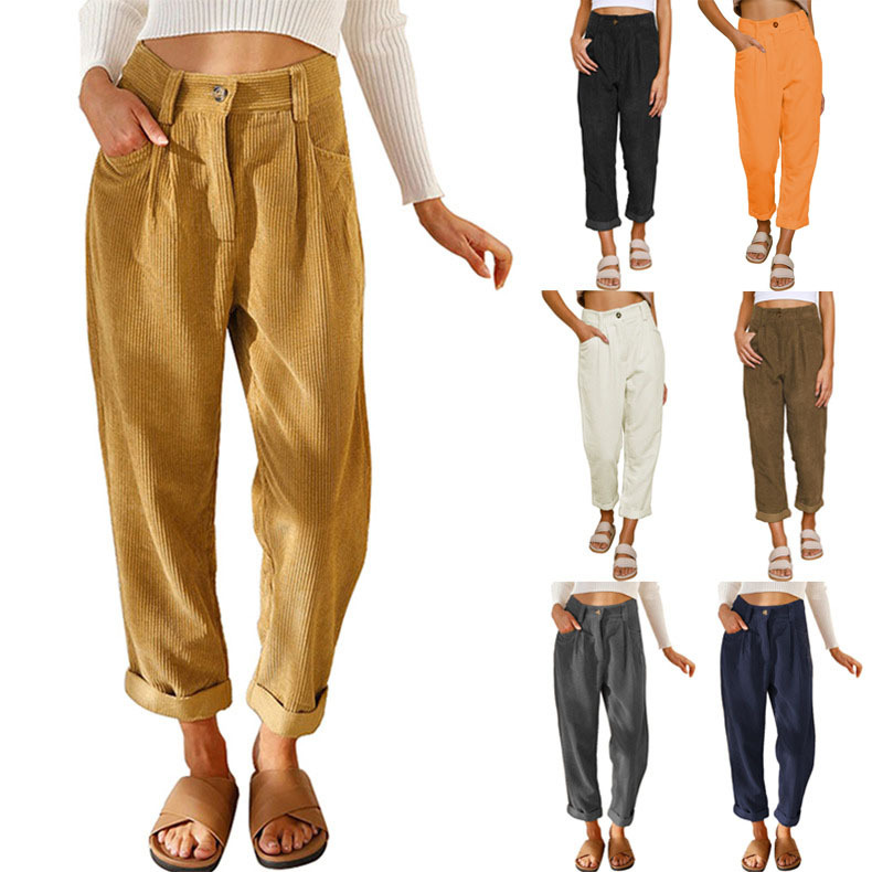 Amazon's new autumn 2023 women's high-waisted casual pants, solid-color corduroy loose straight-leg trousers for women in Europe and America