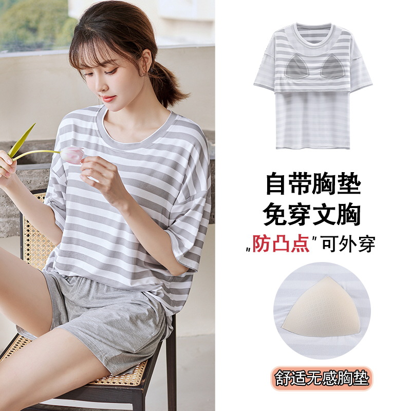 Thin pajama women's summer Modal short-sleeved shirt with chest pad, comfortable to wear outside, large-sized home wear set wholesale Application Scenario