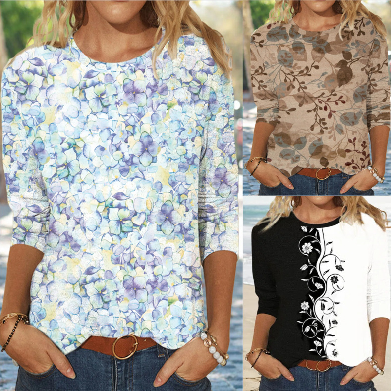 In-stock European and American women's clothing 2022 Amazon Independent Store Autumn new Women's floral printed round-neck long-sleeved T-shirt