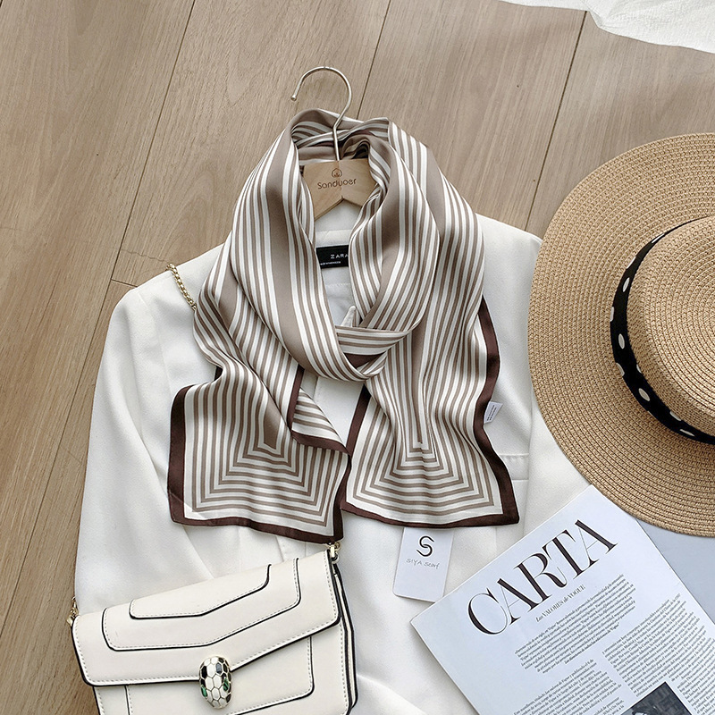 Strict Selection Of New Ins Style Simple Silk Scarf Double-Sided Stripes Imitation Silk Ribbon Satin Scarf Elegant Headband Wholesale details Picture