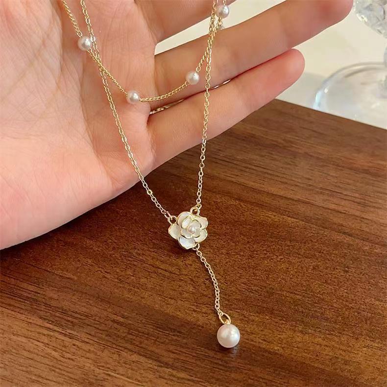 Double-layer tassel necklace, women's pearl, niche camellia collarbone chain, design sense, light luxury, neckchain, elegant Specification image