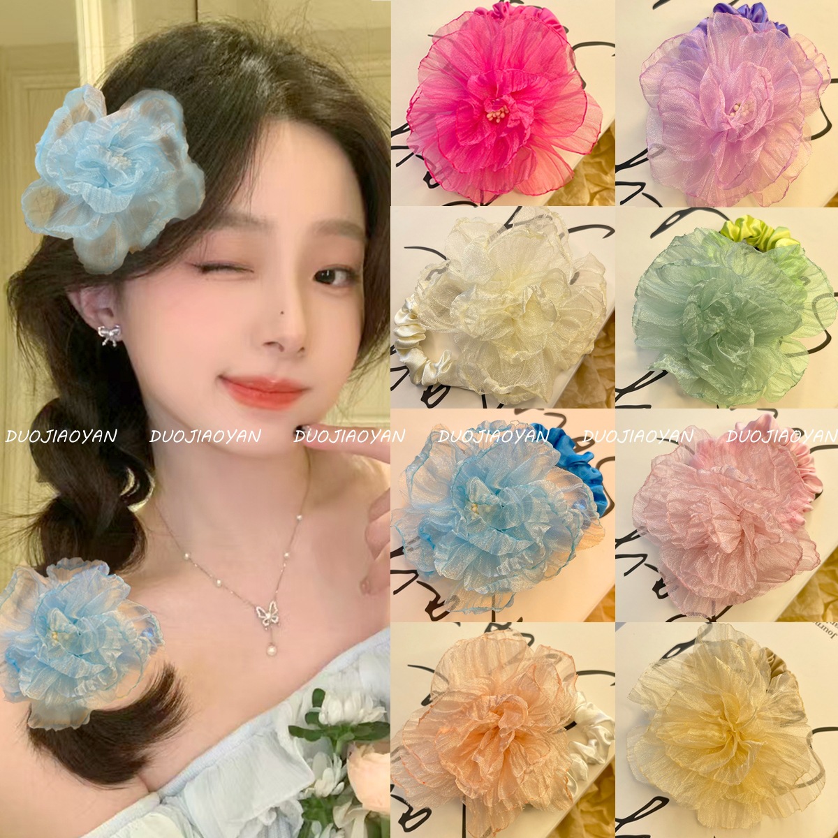 New mesh flower hair clips, camellia flower clips, early spring hair accessories, side bangs clips, duckbill clips for women details Picture