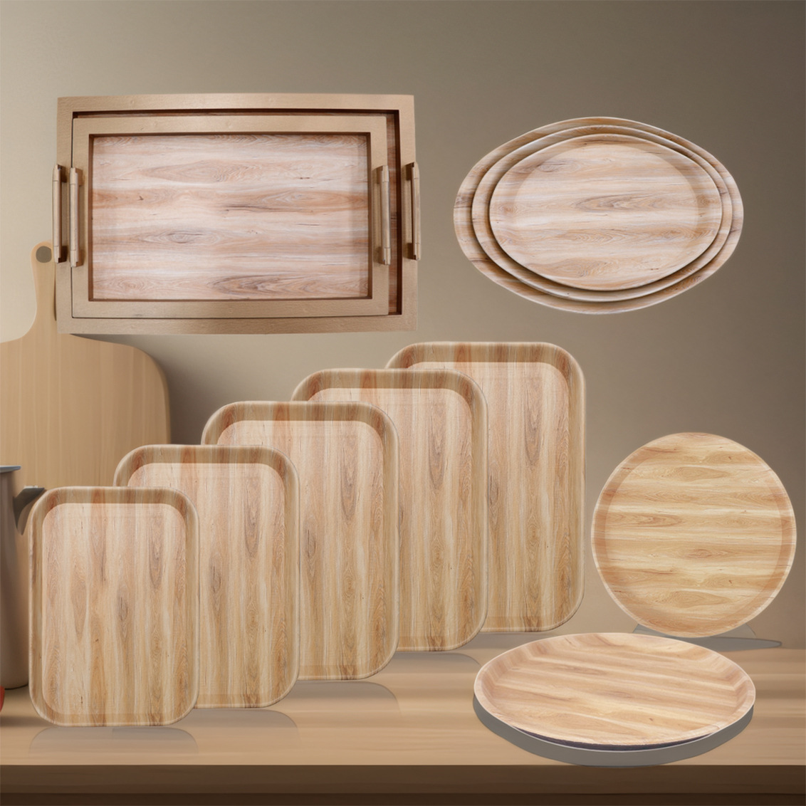 The Supply Of Imitation Wood Grain Leather Tray Restaurant Cafe Meal With Tray Jewelry Storage And Finishing Plastic Tray Wholesale Application Scenario