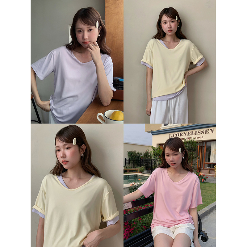 【鹅蛋慵懶tee 6色】歌铭韩系宽松V领T恤女夏季内搭短袖上衣N827B