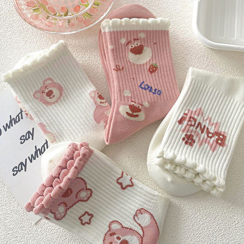 Women's mid-calf pink cartoon socks, school-style cute lace socks, sweet and versatile bear socks Specification image