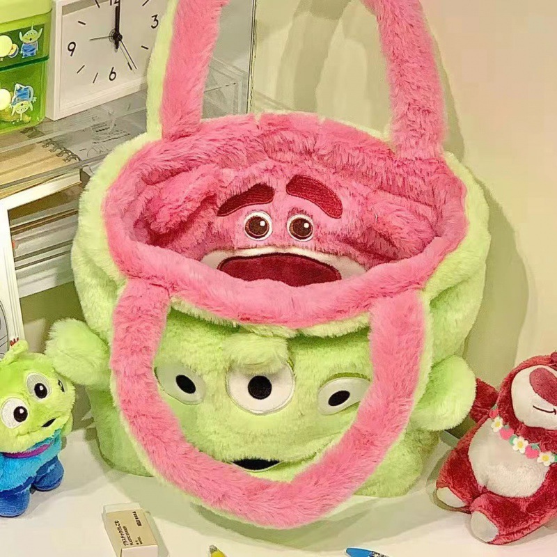 Plush Strawberry Bear Fabric Bag Shoulder Bag Carry-On Shopping Bag Large Capacity Three-Eye Double-Sided Female Bag Fashion Birthday Gift Specification drawing
