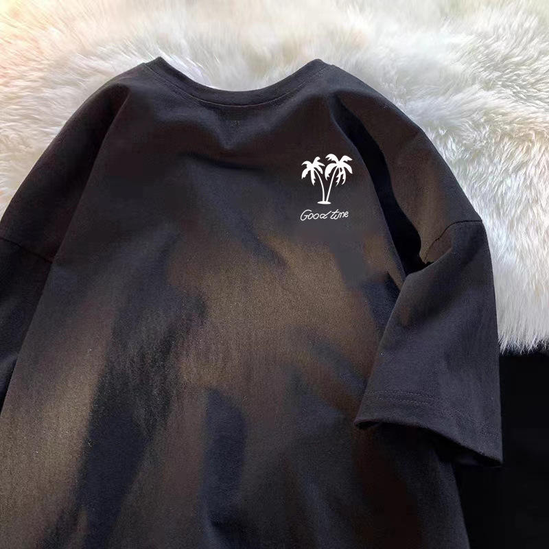 Summer men's fashion trend 200g heavy pure cotton short-sleeved T-shirt for men, loose small print base layer, trendy brand T-shirt, simple ins details Picture