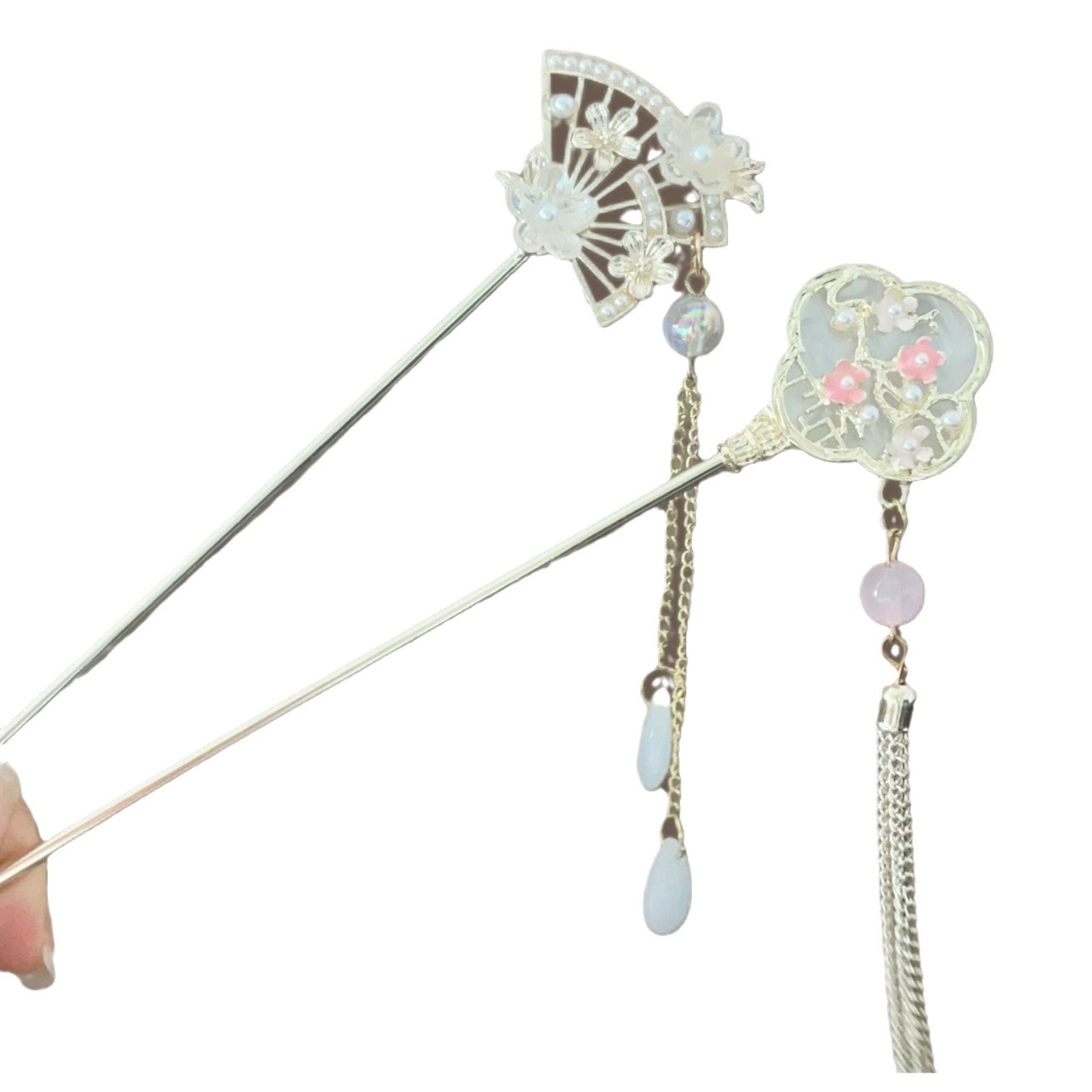 国潮国风古风花朵扇形发簪高级感新中式流苏步摇发钗汉服秀禾盘发簪子发饰白底实物图