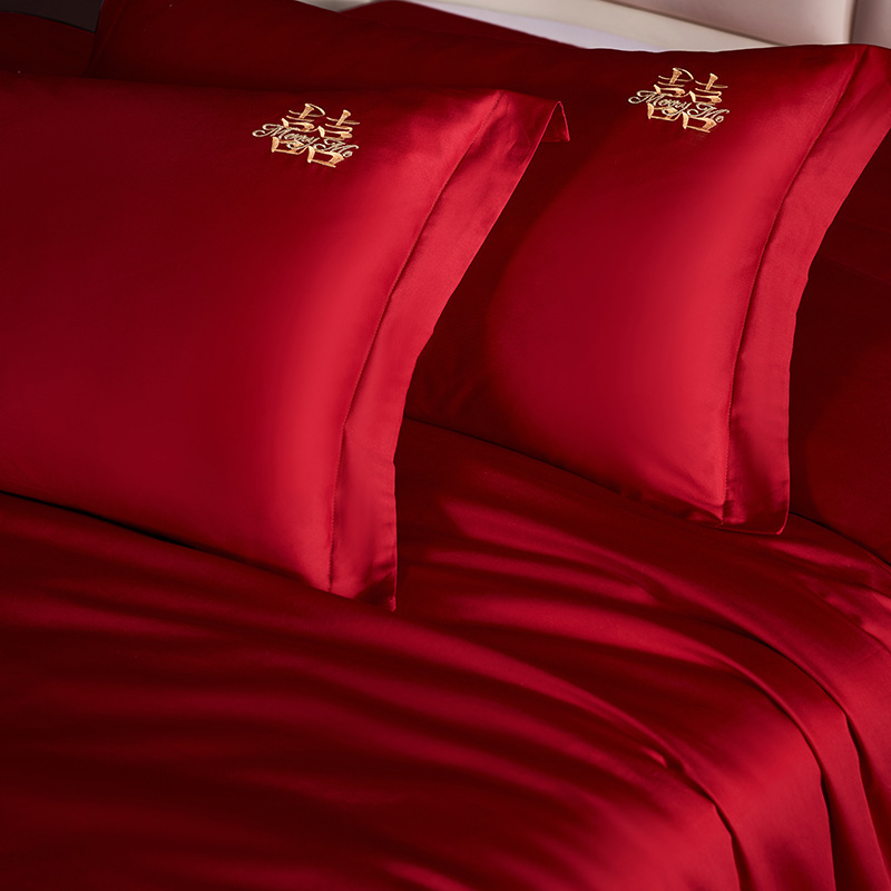 Red Wolf high-end pure cotton wedding four-piece set, simple long-staple cotton Big Red wedding multi-piece set bedding wholesale Specification image