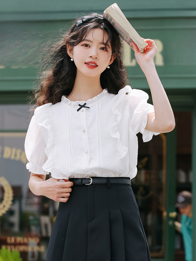 French-style chiffon shirt for women, new summer 2024, with a unique design sense and ruffled puffed sleeve top Specification image