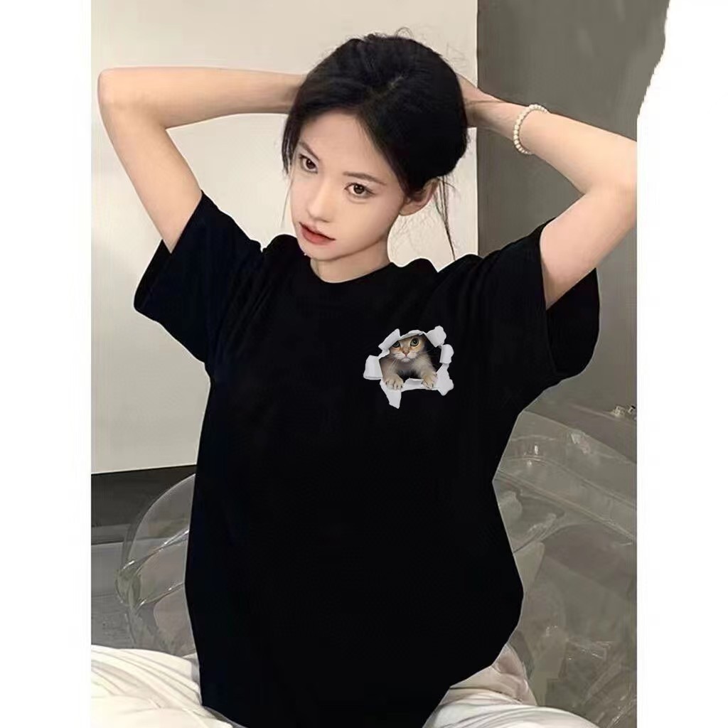 Pure cotton printed short-sleeved 2024 summer new round neck pull-off loose casual trendy women's T-shirt consignment wholesale