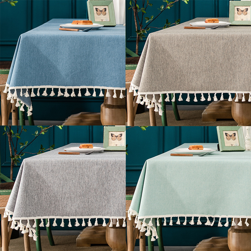 Amazon Cotton Linen Table Cloth Waterproof And Oil Free Wash Solid Color Table Cloth Restaurant Coffee Table Rectangular Tassel Tablecloth
