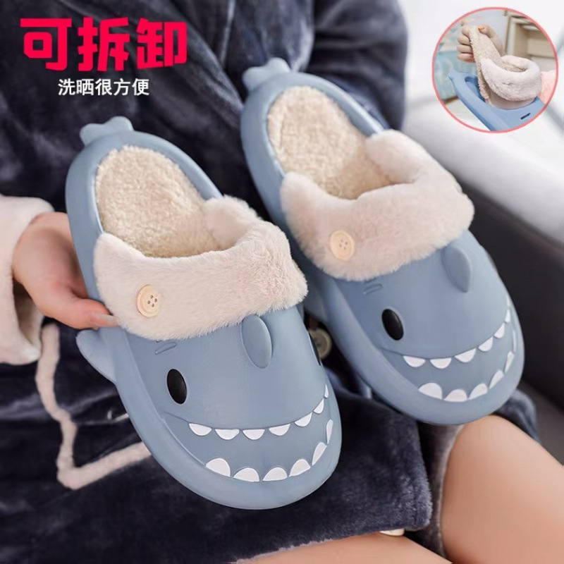 2023 new style of warm cotton slippers for couples, indoor anti-slip thick-soled detachable, wool and cotton shoes, shark slippers for men details Picture