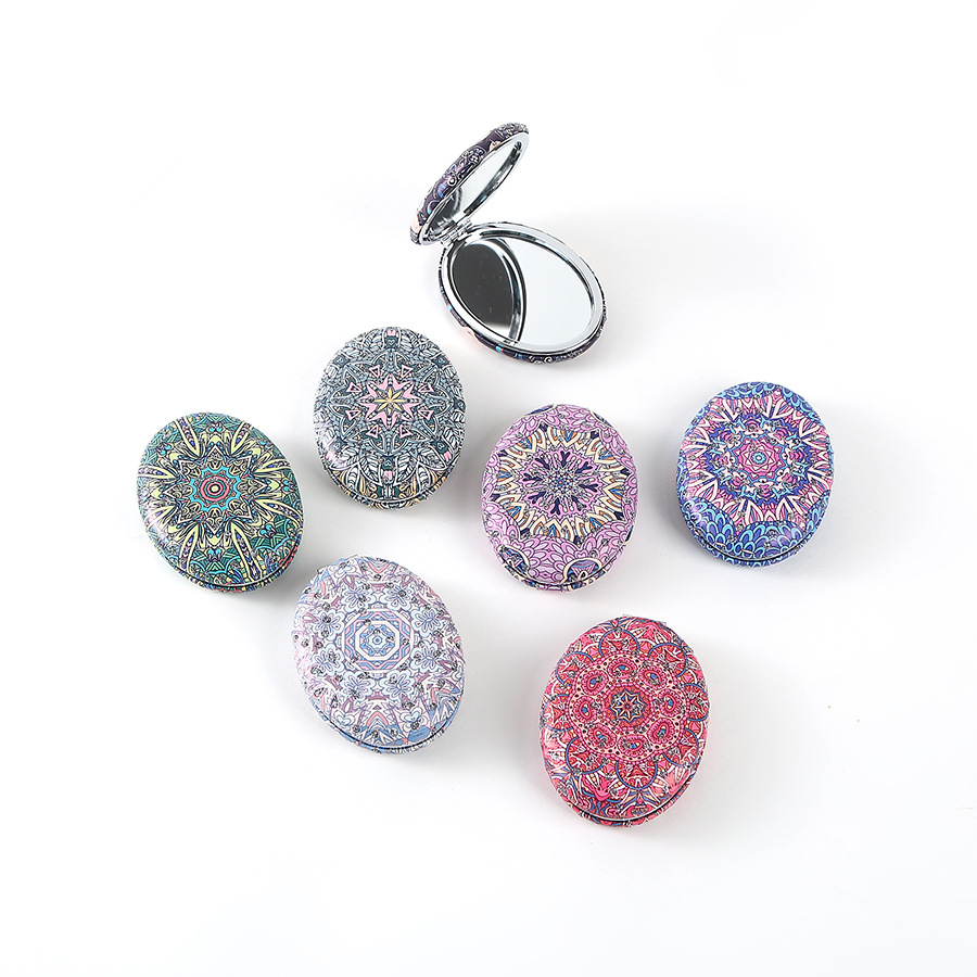 复古椭圆化妆镜万花筒花纹便携补妆镜双面镜片可折叠小镜子批发详情图2