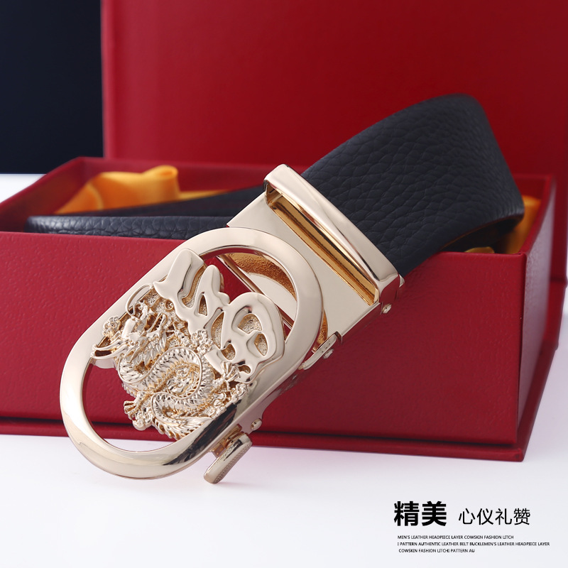 New Belt Men Spring Festival Fu Word Automatic Buckle Leather Belt Gift Box Business Leisure Belt Manufacturers Direct Supply Specification drawing