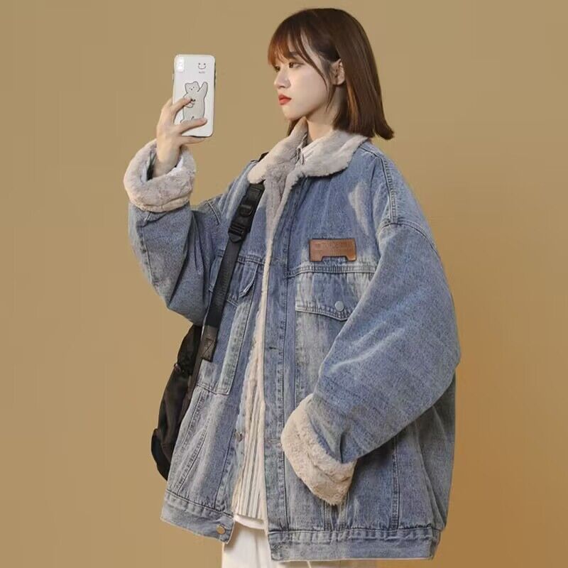 胖mm羊羔毛牛仔外套女秋冬季宽松加绒加厚棉服显瘦大码女装200斤