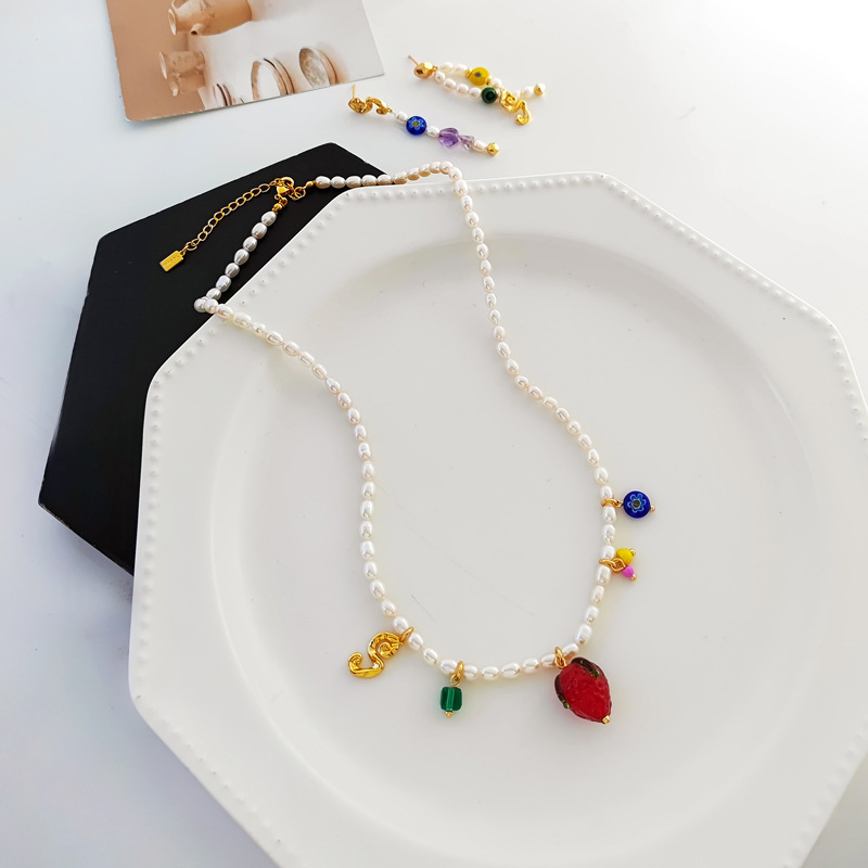 Vintage elegant cultured pearl necklace temperament coloured glaze earrings INS wind asymmetric earrings set T163 Item Picture