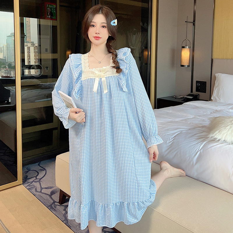 Long-Sleeved Plaid Nightdress Female Spring And Autumn Casual Loose Comfortable Pajamas Long Dress Korean Version Ims Princess Wind Nightdress Female details Picture
