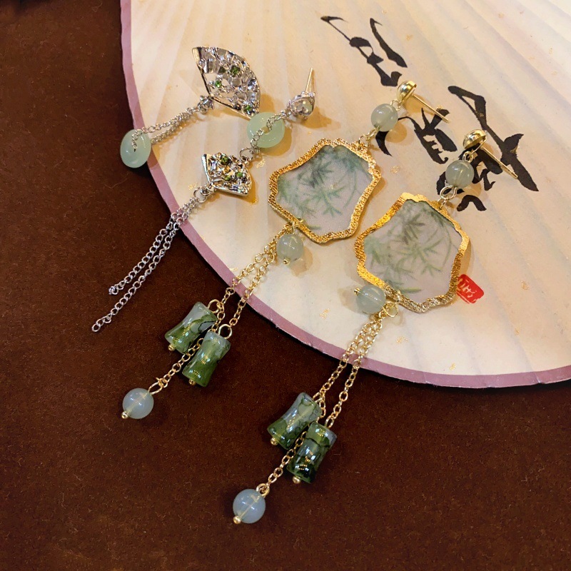 新中式国潮百搭珐琅长款流苏耳坠古风玉竹花超仙气质锁骨耳环女